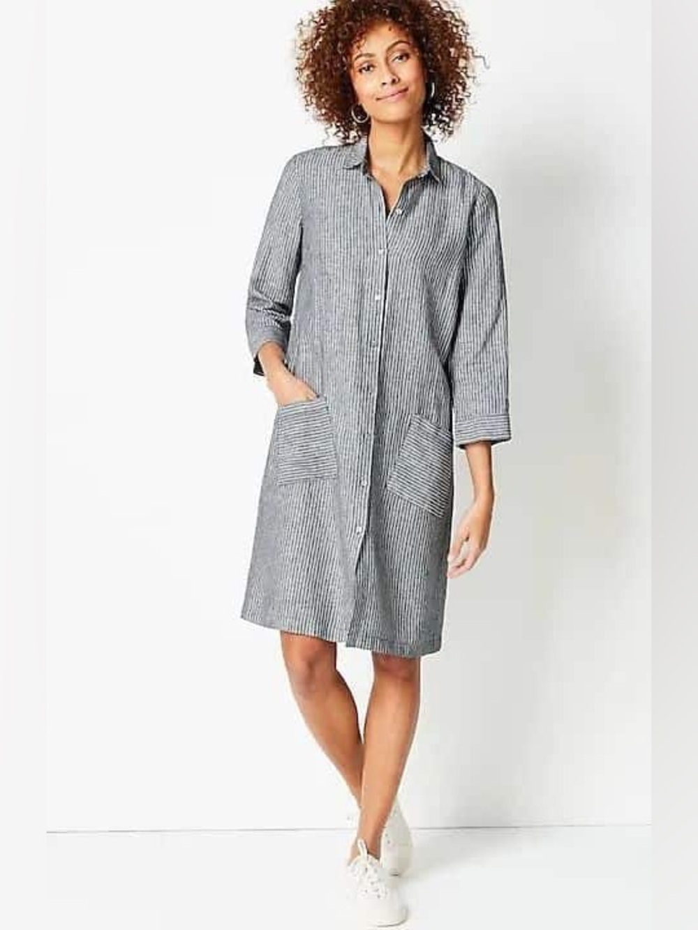 J. Jill Love Linen Gray Pinstripe Linen Knee Length Button Up Shirt Dress Casual